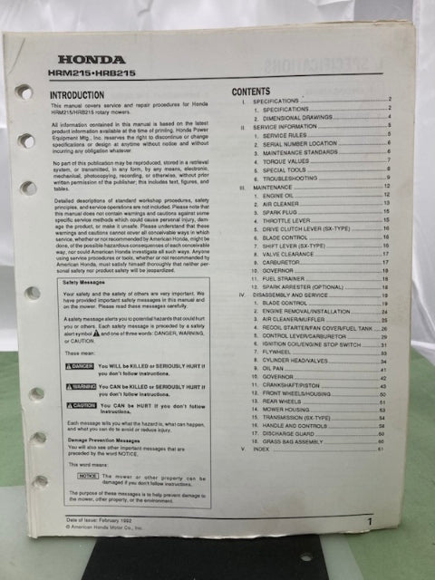 Honda 61VE220 HRM215 HRB215 Rotary Mower Shop Manual 1992 Genuine