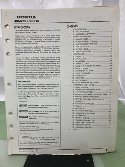 Honda 61VE220 HRM215 HRB215 Rotary Mower Shop Manual 1992 Genuine