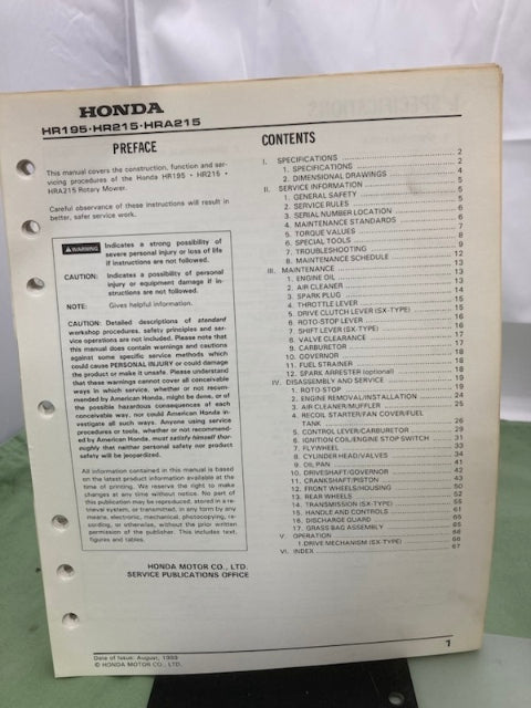Honda 61VA330 HR195 HR215 HRA215 Shop Manual '89 w/ Supplement 61VA330Z Genuine