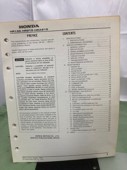 Honda 61VA330 HR195 HR215 HRA215 Shop Manual '89 w/ Supplement 61VA330Z Genuine