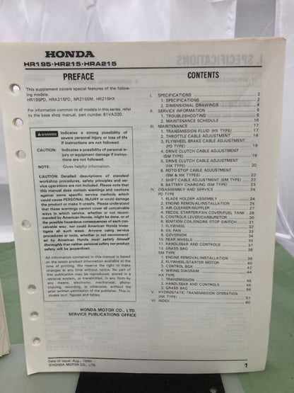 Honda 61VA330 HR195 HR215 HRA215 Shop Manual '89 w/ Supplement 61VA330Z Genuine