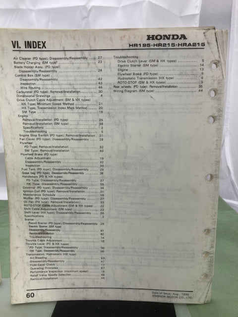 Honda 61VA330 HR195 HR215 HRA215 Shop Manual '89 w/ Supplement 61VA330Z Genuine