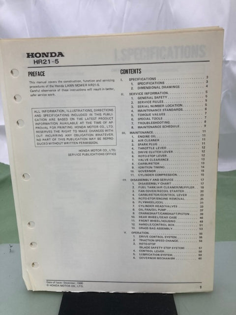 Honda 6196000 HR21-5 Lawn Mower Shop Manual 1980 Genuine