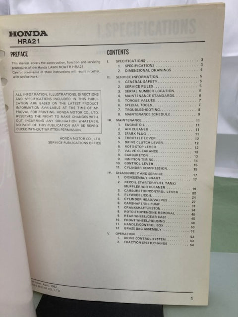 Honda 6196300 HRA-21 Lawn Mower Shop Manual 1982 Genuine