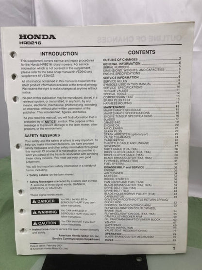 Honda 61VE2640 HRB215 HRM215 Shop Manual '97 w/ Supplements Z & Y '01 Genuine