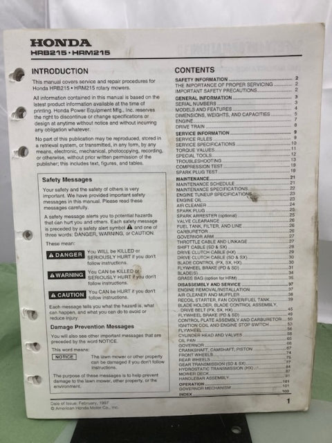 Honda 61VE2640 HRB215 HRM215 Shop Manual '97 w/ Supplements Z & Y '01 Genuine