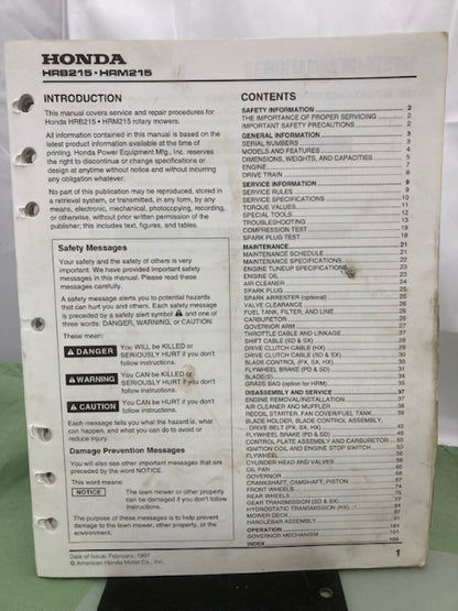 Honda 61VE2640 HRB215 HRM215 Shop Manual '97 w/ Supplements Z & Y '01 Genuine