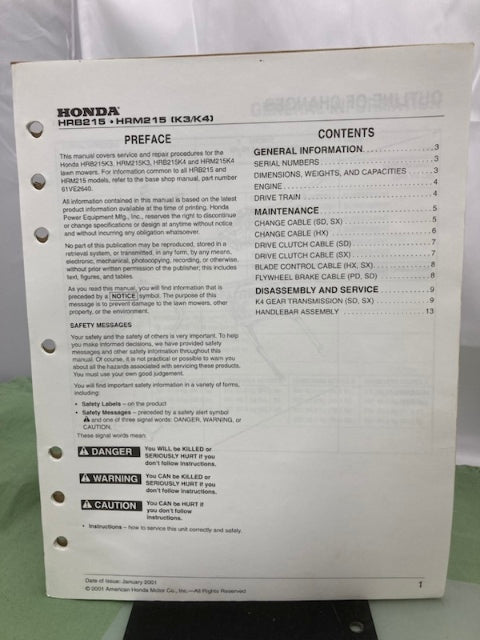 Honda 61VE2640 HRB215 HRM215 Shop Manual '97 w/ Supplements Z & Y '01 Genuine