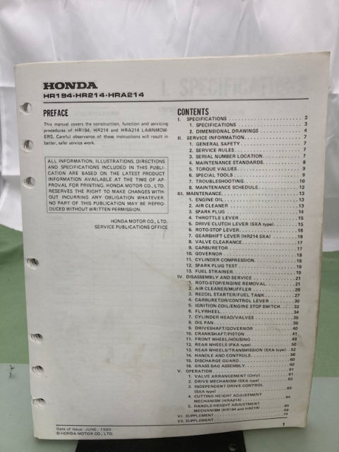 Honda 61VA302 HR194 HR214 HRA214 Rotary Mower Shop Manual 1990 Genuine