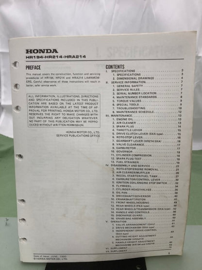 Honda 61VA302 HR194 HR214 HRA214 Rotary Mower Shop Manual 1990 Genuine