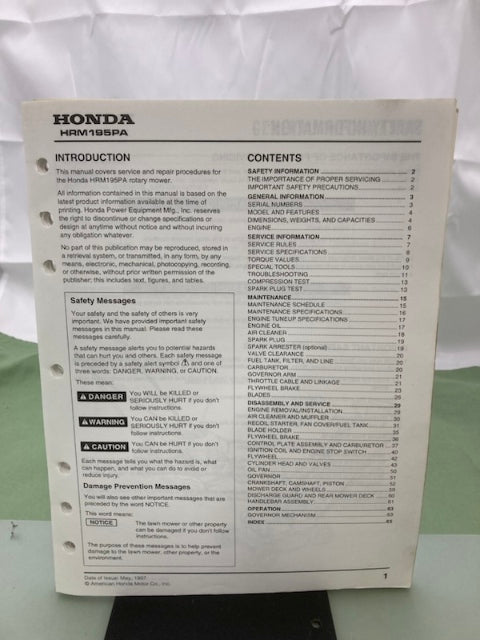 Honda 61VB4600 HRM195PA Rotary Mower Shop Manual 1997 Genuine