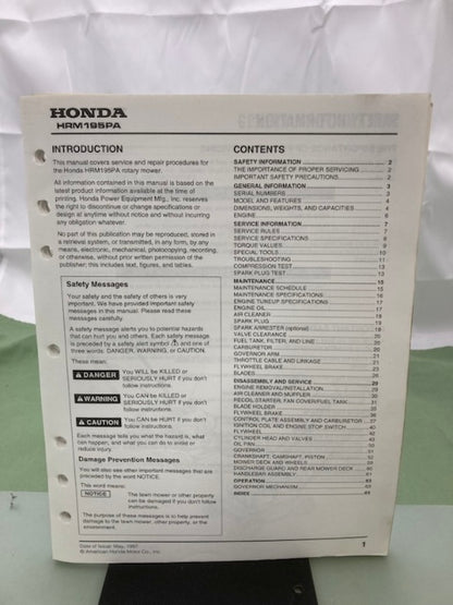 Honda 61VB4600 HRM195PA Rotary Mower Shop Manual 1997 Genuine
