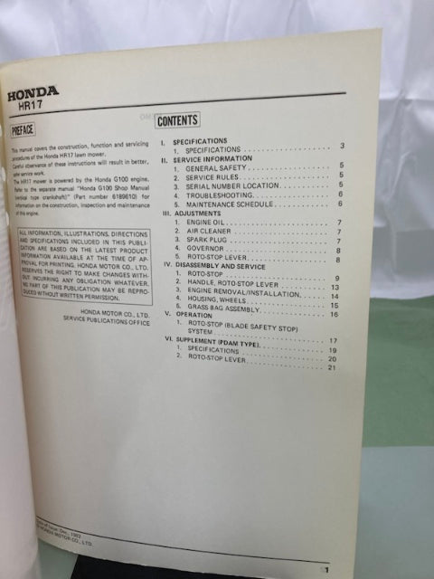 Honda 6195901 HR17 Lawn Mower Shop Manual 1982 Genuine