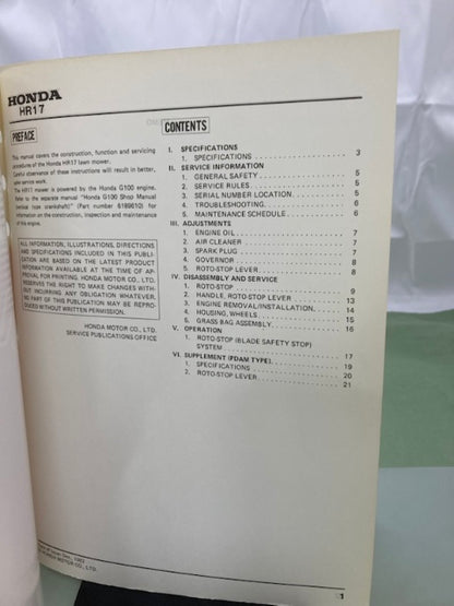 Honda 6195901 HR17 Lawn Mower Shop Manual 1982 Genuine