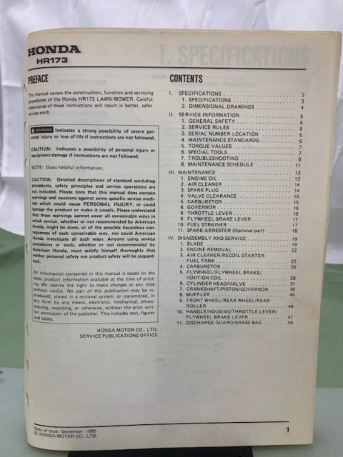 Honda 61VA900 HR173 Lawn Mower Shop Manual 1985 Genuine