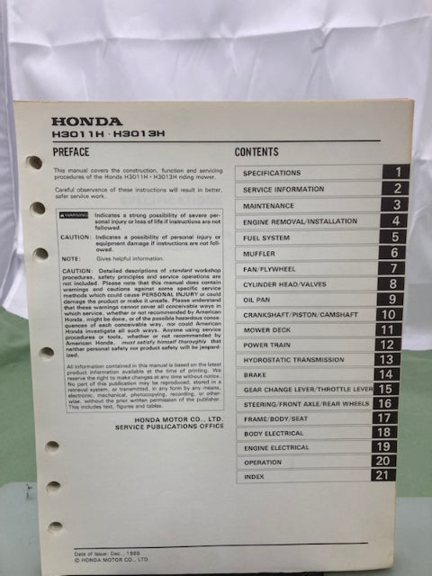 Honda 6176380 H 3011H 3013H Riding Mower Shop Manual 1989 Genuine