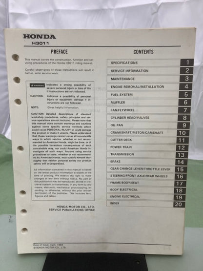 Honda 6176370 H 3011 Riding Mower Shop Manual 1989 Genuine