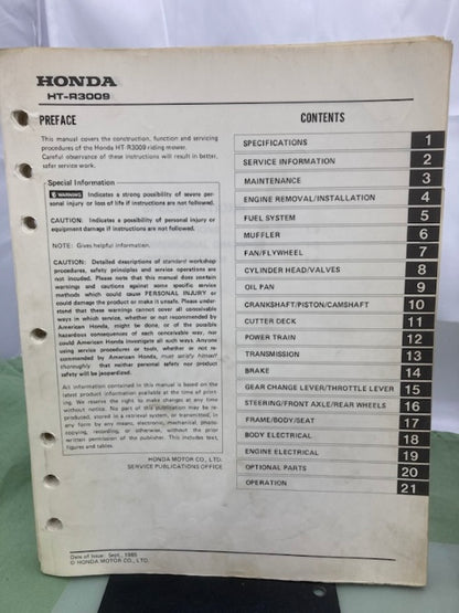 Honda 6175100 HT-R3009 Shop Manual '85 w/ HT-R3811 Supplements Z & Y '86 Genuine