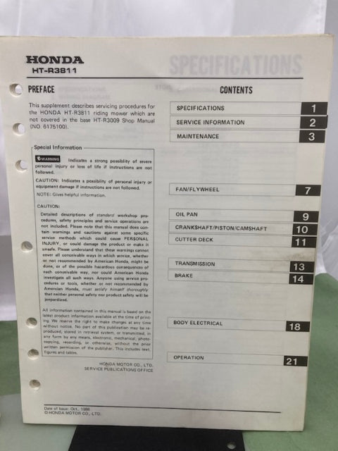 Honda 6175100 HT-R3009 Shop Manual '85 w/ HT-R3811 Supplements Z & Y '86 Genuine