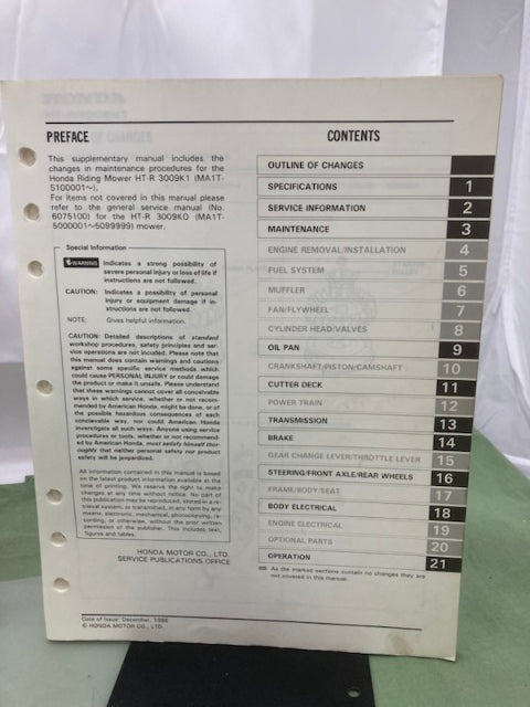 Honda 6175100 HT-R3009 Shop Manual '85 w/ HT-R3811 Supplements Z & Y '86 Genuine