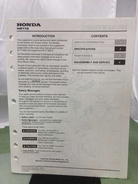 Honda 61771600 H2013 Shop Manual '95 w/ HDA & H2113 Supplements Z & Y Genuine