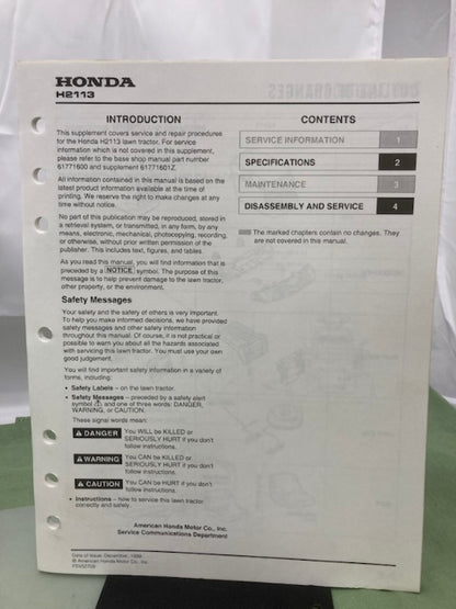 Honda 61771600 H2013 Shop Manual '95 w/ HDA & H2113 Supplements Z & Y Genuine