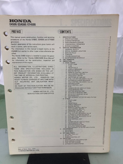 Honda 6189300 E4500 ES4500 ET4500 Generator Shop Manual 1979 Genuine