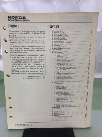 Honda 6189300 E4500 ES4500 ET4500 Generator Shop Manual 1979 Genuine