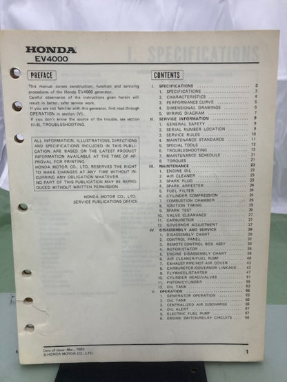 Honda 6189500 EV4000 Generator Shop Manual 1982 Genuine