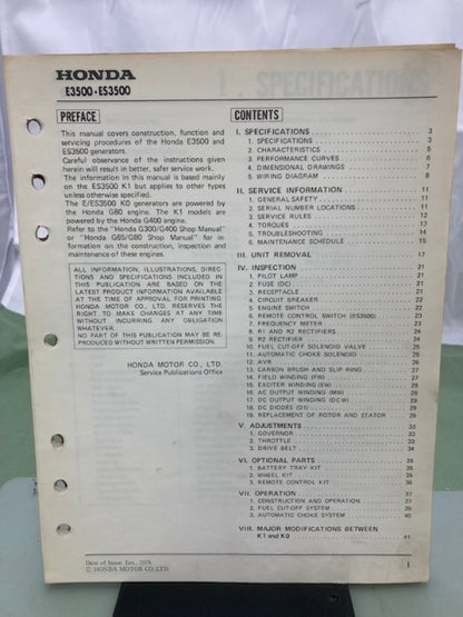 Honda 6188000 E3500 ES3500 Generator Shop Manual 1979 Genuine