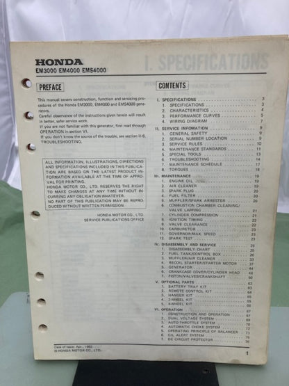 Honda 6189900 EM3000 EM4000 EMS4000 Generator Shop Manual 1982 Genuine
