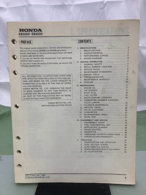 Honda 6189910 EB3000 EB4000 Generator Shop Manual 1982 Genuine