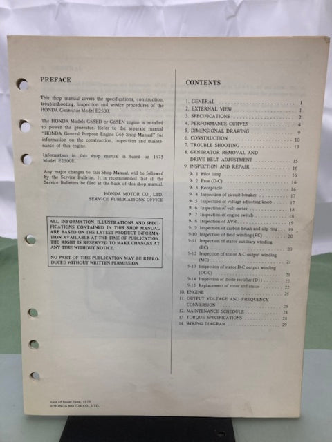 Honda 6287701 E2500 AVR Model Generator Shop Manual 1979 Genuine