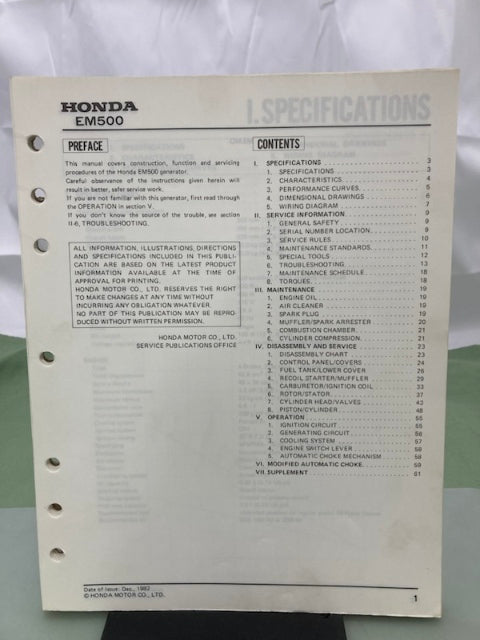 Honda 6189202 EM500 EM600 Generator Shop Manual 1982 Genuine