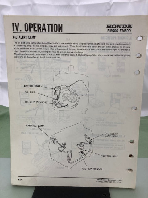 Honda 6189202 EM500 EM600 Generator Shop Manual 1982 Genuine