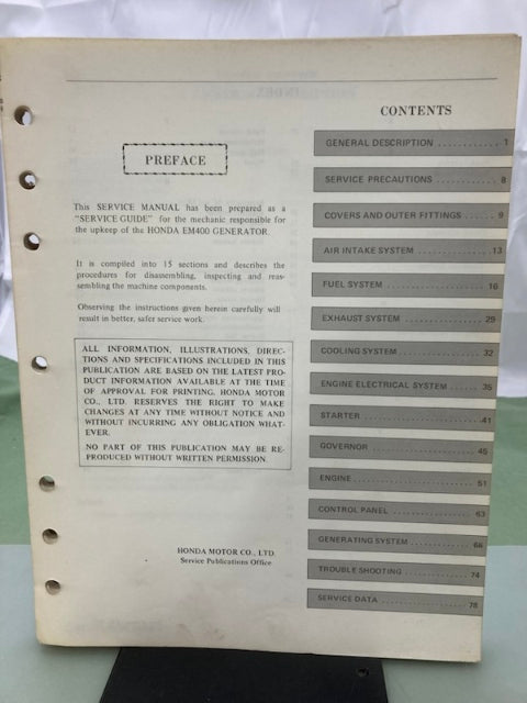 Honda 6188420 EM400 Portable Generator Shop Manual 1977 Genuine