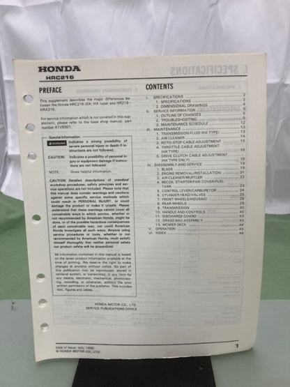 Honda 61VB301Z HRC216 Rotary Mower Shop Manual Supplement 1990 Genuine