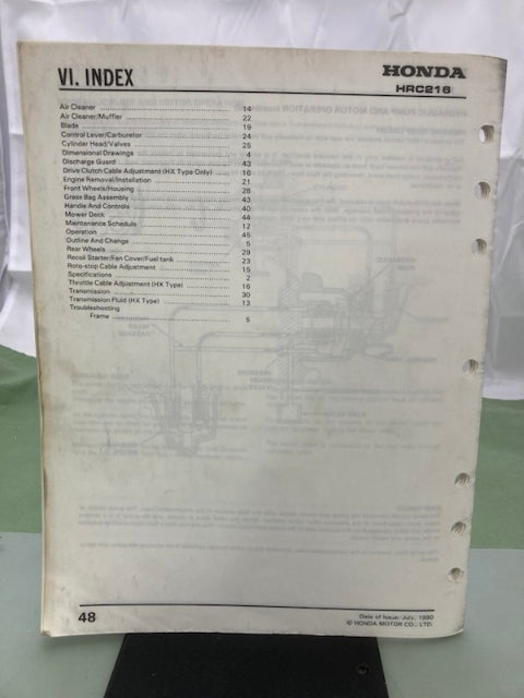Honda 61VB301Z HRC216 Rotary Mower Shop Manual Supplement 1990 Genuine