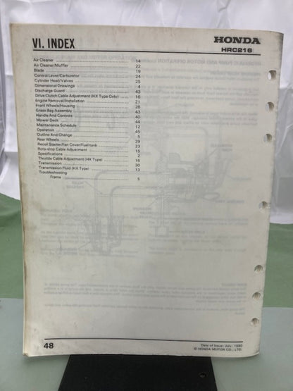 Honda 61VB301Z HRC216 Rotary Mower Shop Manual Supplement 1990 Genuine