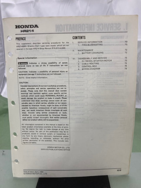 Honda HR214SMA Rotary Mower Shop Manual Supplement for 61VA300 1984 Genuine