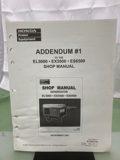 Honda 61ZA011A EL5000 EX5500 ES6500 Shop Manual Addendum #1 2007 Genuine