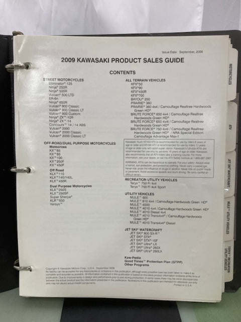 Kawasaki Product Sales Guide Binder w/ Spec Sheets 2009 Genuine