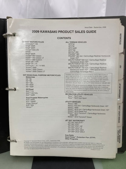 Kawasaki Product Sales Guide Binder w/ Spec Sheets 2009 Genuine