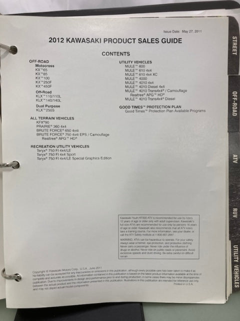 Kawasaki Product Sales Guide Binder w/ Spec Sheets 2012 Genuine