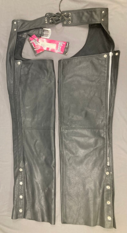 Power Trip 9034-0003 Leather Power Chaps BLK Medium New Genuine