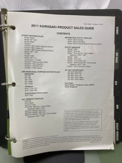 Kawasaki Product Sales Guide Binder w/ Spec Sheets 2011 Genuine