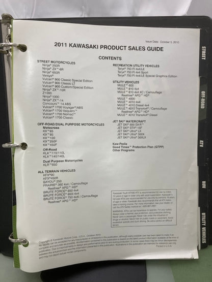 Kawasaki Product Sales Guide Binder w/ Spec Sheets 2011 Genuine