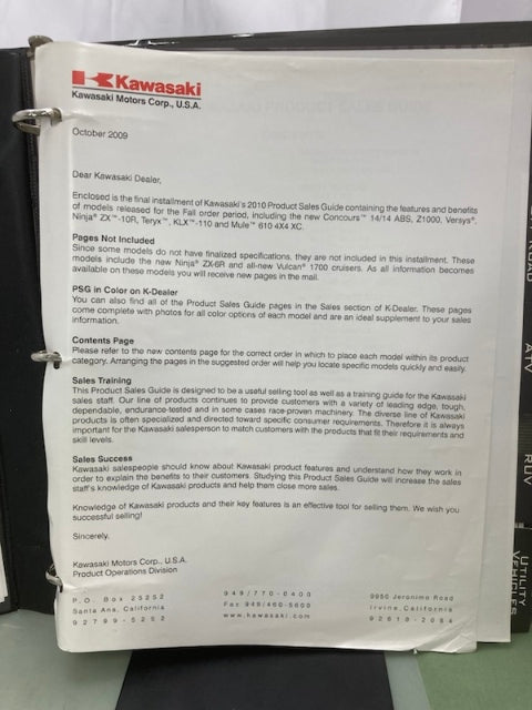 Kawasaki Product Sales Guide Binder w/ Spec Sheets 2010 Genuine