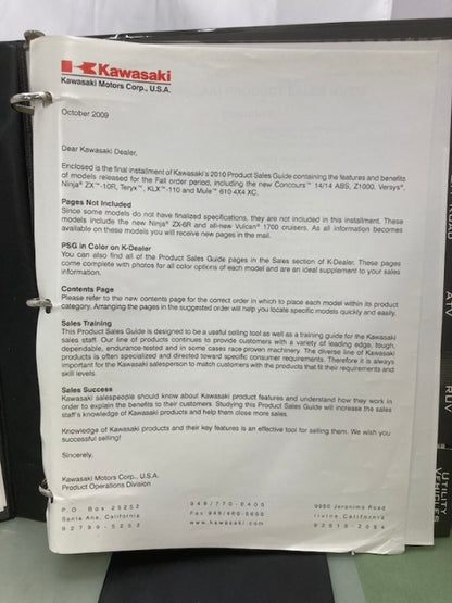 Kawasaki Product Sales Guide Binder w/ Spec Sheets 2010 Genuine