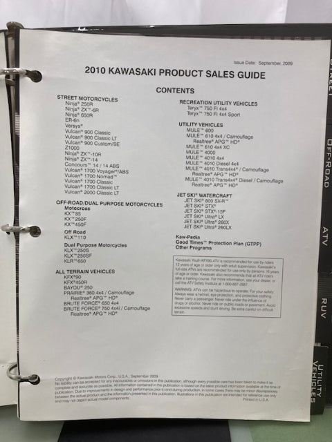 Kawasaki Product Sales Guide Binder w/ Spec Sheets 2010 Genuine